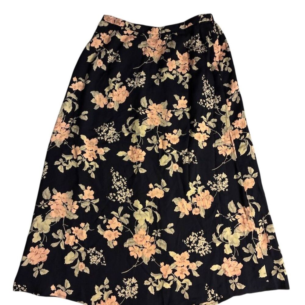 Talbots Petites Women's Silk Floral‎ A-Line Midi Skirt Black Size 12P
